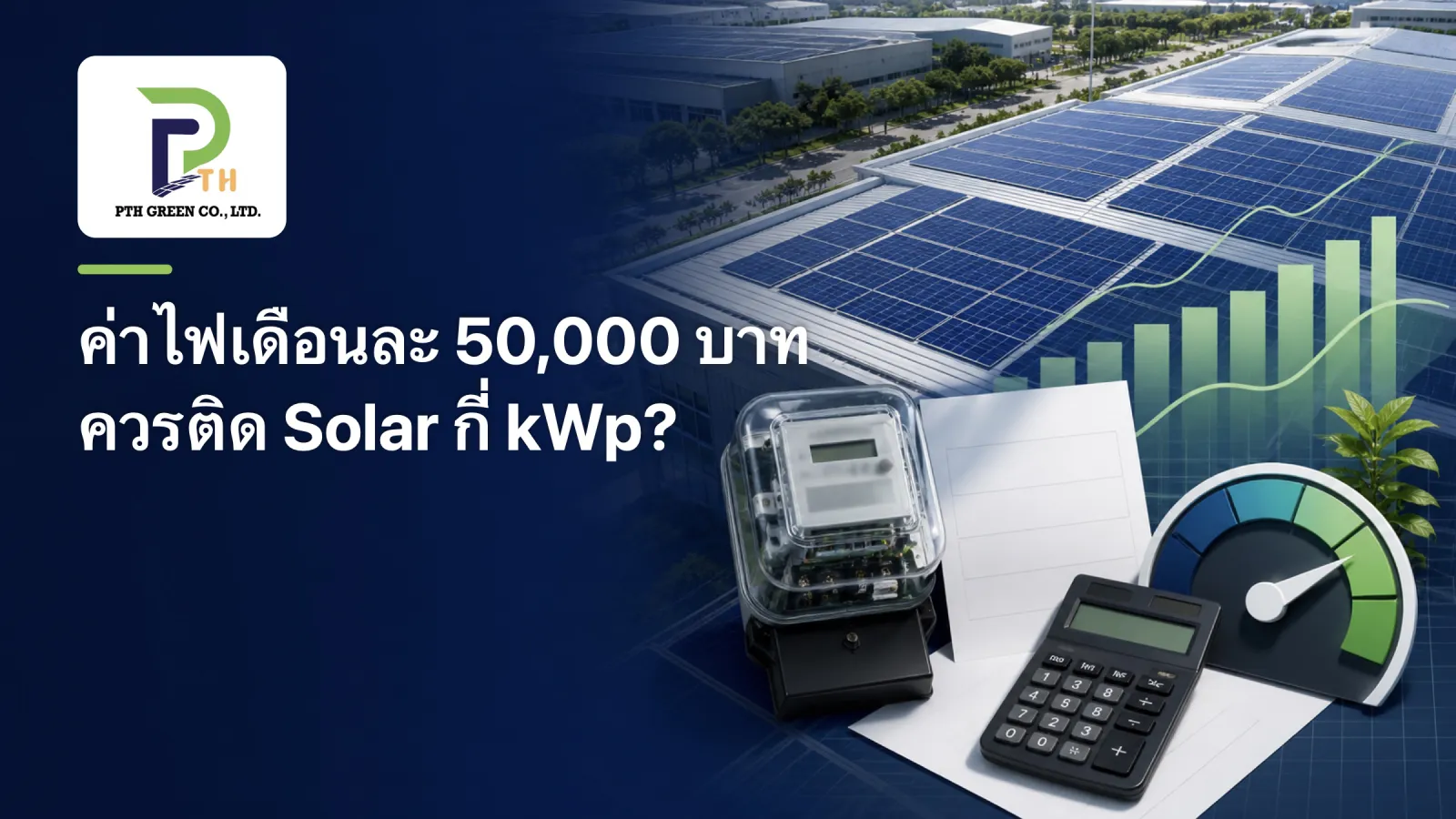 หน้าปกบทความ ค่าไฟเดือนละ 50,000 บาท ควรติด Solar กี่ kWp?